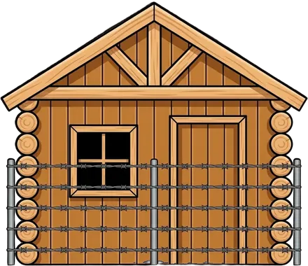 Chalet en bois rond entouré de barbelés