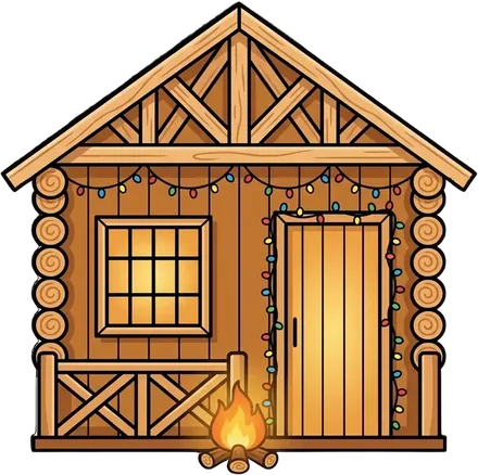 Chalet en bois rond décoré pour la fête : guirlandes, feu et fenêtres allumées