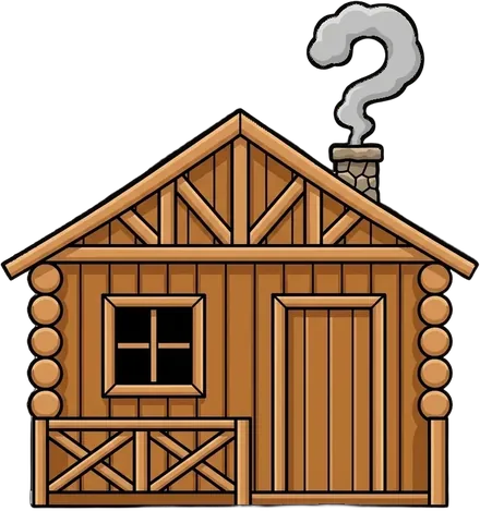 Chalet en bois rond avec une cheminée dont la fumée forme un point d'interrogation